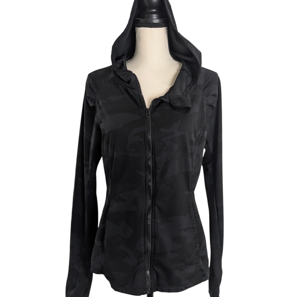 Yogalicious Black Camo Pattern Hooded Zip-Up Hoodie Workout Jacket Sz XL